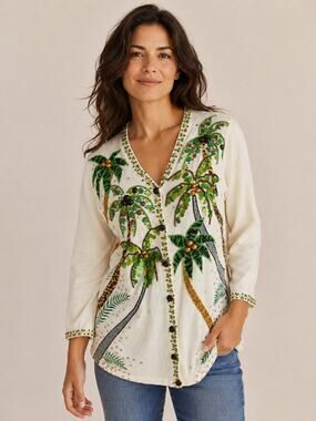 Just B Tropical Palm Tree Embellished Cardigan Sweater Large Resort Coastal